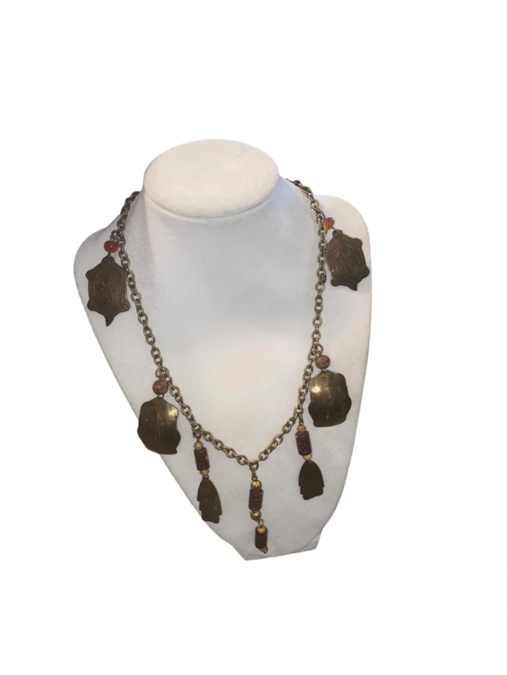 Vintage Boho Brass Pendant Necklace Coral wood Beads cottagecore festival - Picture 9 of 12